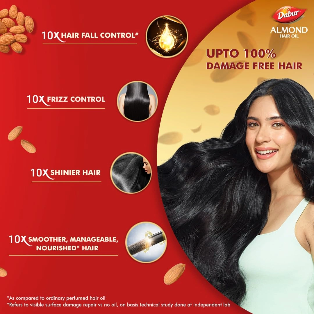 Dabur Almond Hair Oil - 190ml With Free Dabur Almond Oil 95ml | Provides Damage Protection | Non Sticky Formula | For Soft&amp;Shiny Hair | With Almonds, Keratin Protein, Soya Protein &amp; 10X Vitamin E-5