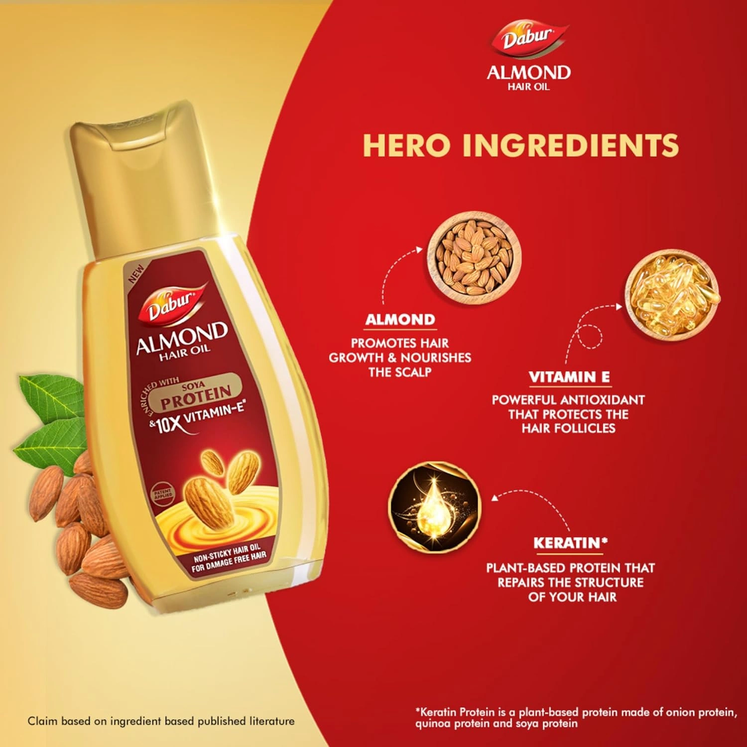 Dabur Almond Hair Oil - 190ml With Free Dabur Almond Oil 95ml | Provides Damage Protection | Non Sticky Formula | For Soft&amp;Shiny Hair | With Almonds, Keratin Protein, Soya Protein &amp; 10X Vitamin E-4