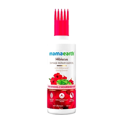 Mamaearth Hibiscus Damage Repair Hair Oil with Hibiscus & Curry Leaves for Strong & Nourished Hair|Repairs Rough, Dry & Damaged Hair|Makes Hair Smooth & Frizz Free|Suitable For All Hair Types (150ml)
