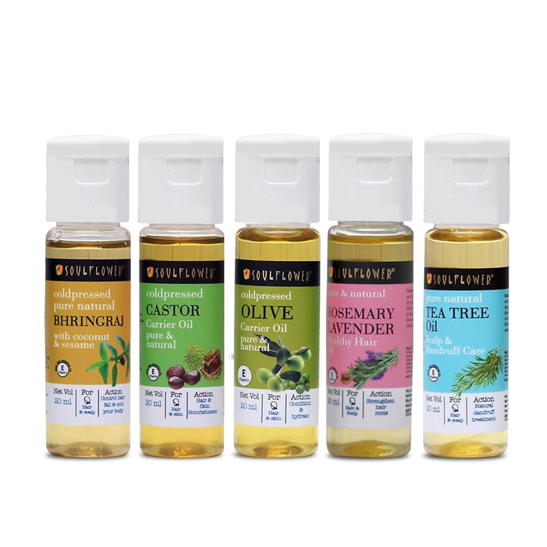 Soulflower Hair Oil &amp; Skin Oil Sampler Pack | Hair Growth, Nourishment, Hair Fall Control | Rosemary Lavender, Tea Tree, Castor, Olive &amp; Bhringraj | No Mineral Oil &amp; Silicones | Pack of 5 20ml Each-RDPC101662