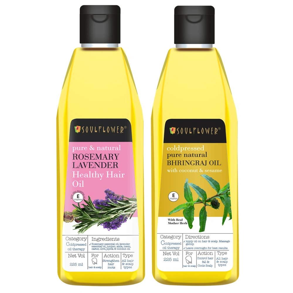 Soulflower Rosemary Lavender and Bhringraj Hair Oil, 225ml Each | Hair Growth, Strengthening &amp; Nourishing Hair Roots | Pure, Natural and Coldpressed Hair Oil - Pack of 2-RDPC101685