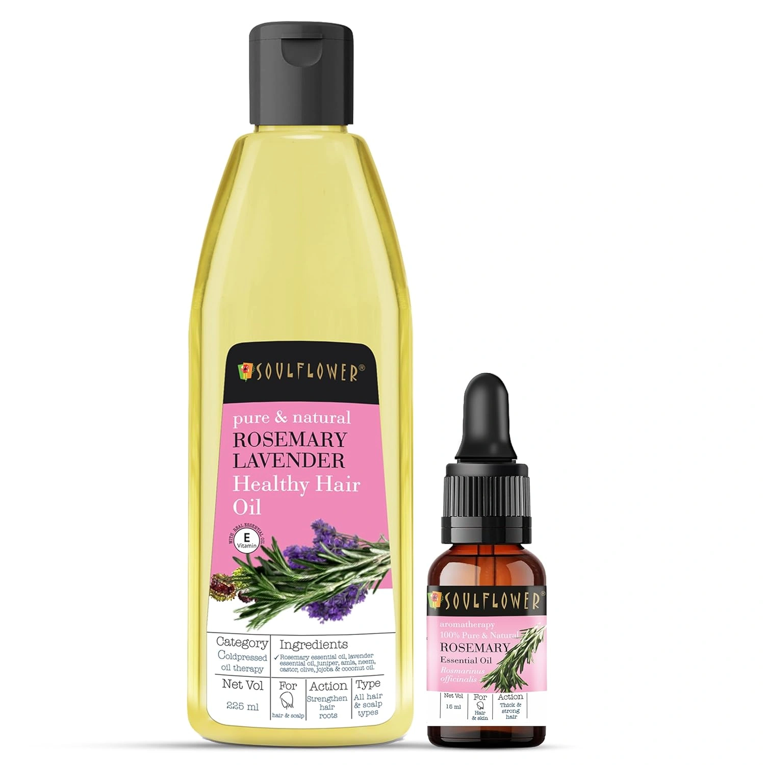 Soulflower Rosemary Essential Oil 15ml &amp; Rosemary Lavender Hair Oil 225ml for For Healthy Hair, Scalp Nourishment, Hair Growth - Pack of 2-RDPC101727