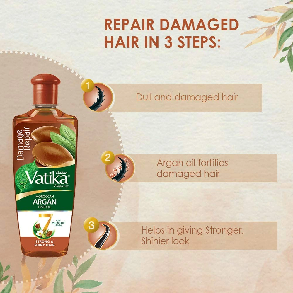 DABUR Vatika Naturals Moroccan Argan Hair Oil with 7 Ayurvedic Herbs, Repairs Damage, Provides Strong and Shiny Hair, 200 ml-4