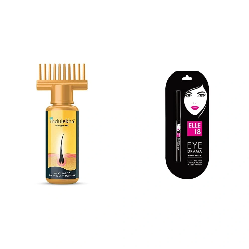 Indulekha Bhringa Hair Oil, 100ml And Elle 18 Eye Drama Kajal, Bold Black, 0.35g-RDPC101845