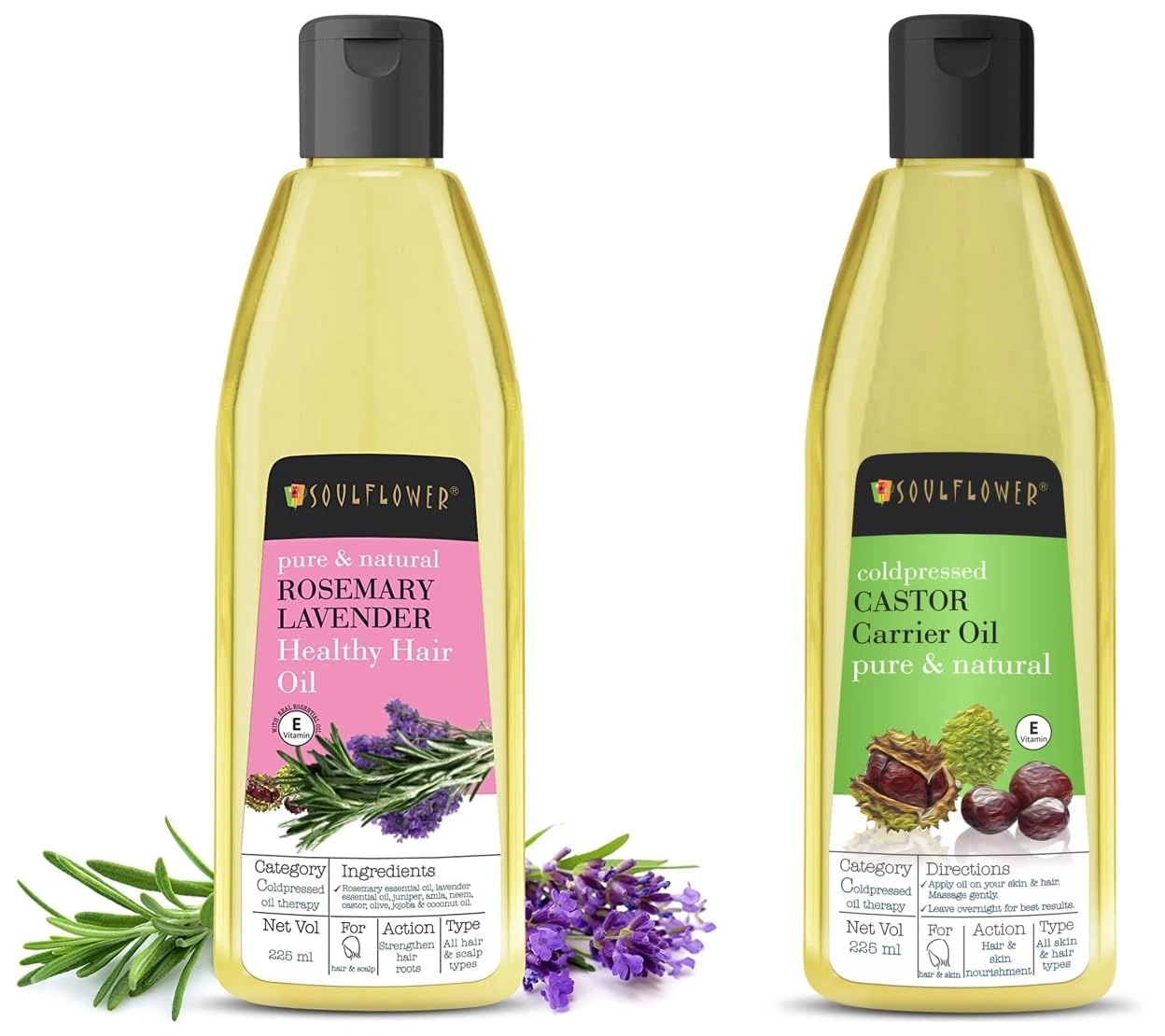 Soulflower Castor Oil, 225ml for Hair, Skin &amp; Eyebrows – 100% Natural, Coldpressed &amp; Hexane Free And Soulflower And Natural Rosemary Lavender Healthy Hair Oil For Unisex, 225Ml-RDPC101888