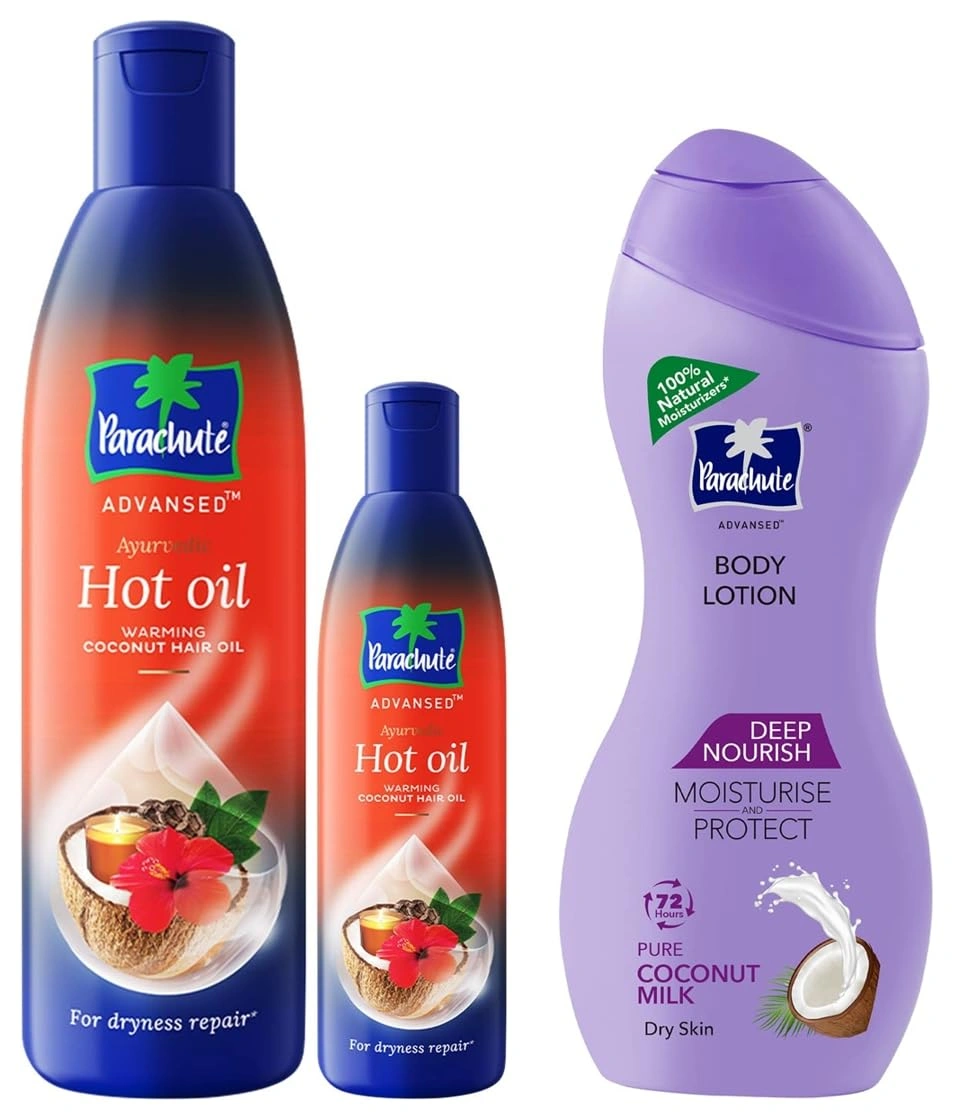 Parachute Advansed Ayurvedic Hot Oil, Warming Coconut Hair Oil, 400 ml + 90 ml &amp; Parachute Advansed Deep Nourish Body Lotion for Women &amp; Men, Dry Skin, 250ml-RDPC102009