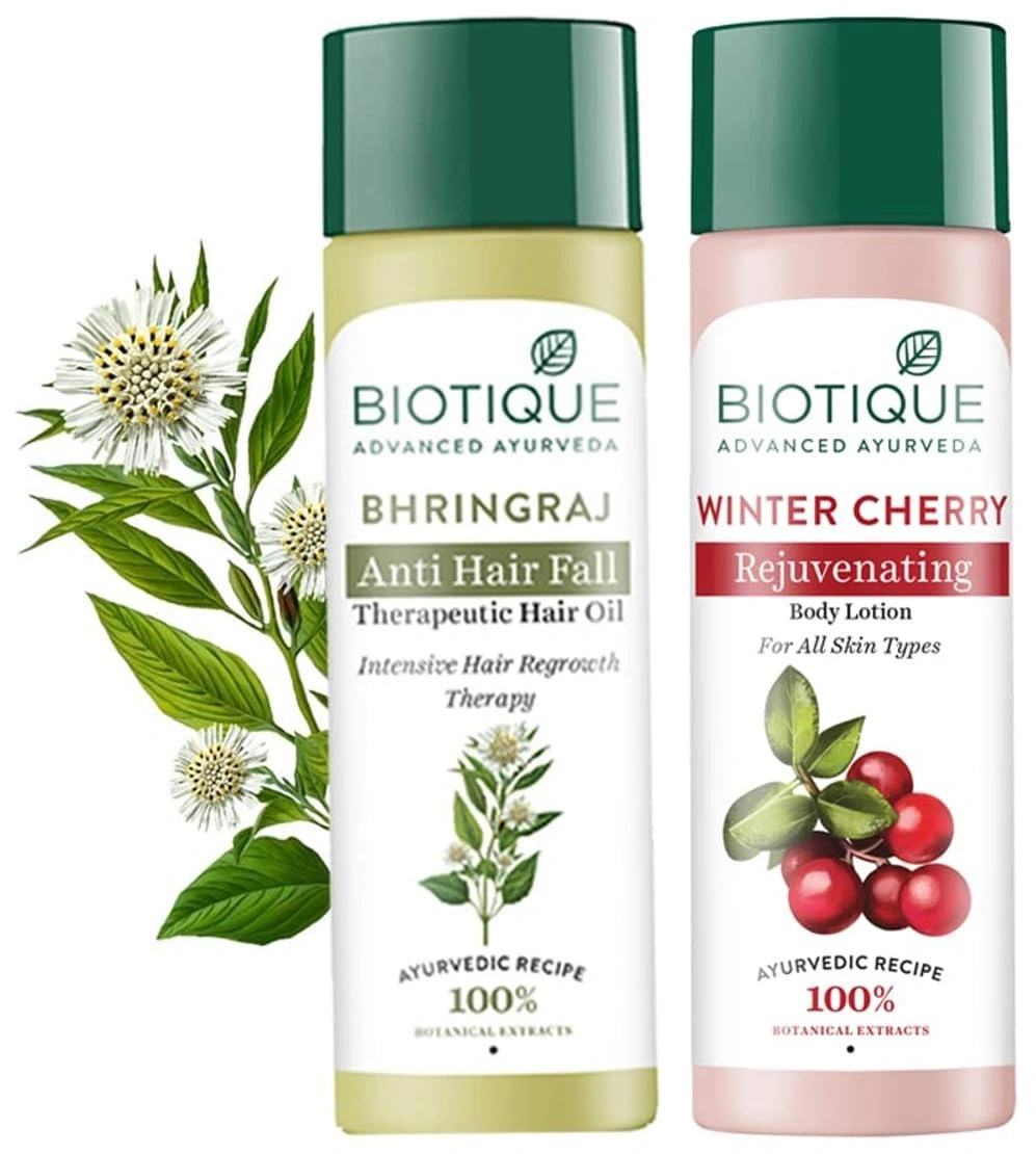 Biotique Bio Bhringraj Ayurvedic Therapeutic Hair Oil, 200ml &amp; Biotique Bio Wintercherry Lightening And Rejuvenating Body Nourisher, 190ml-RDPC102010