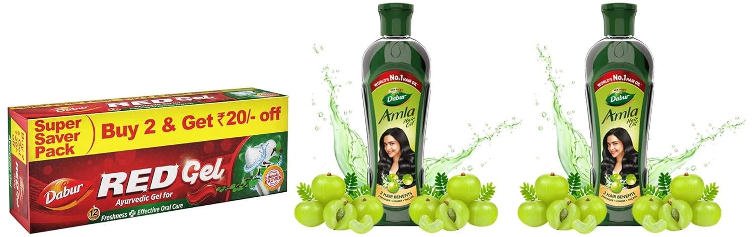 Dabur Red Gel Controls bad breath, plaque, gingivitis, toothache - 150 G (Pack Of 2) &amp; Amla Hair Oil for Strong, Long and Thick Hair -450ml &amp; Amla Hair Oil - for Strong, Long and Thick Hair 275ml-RDPC102041