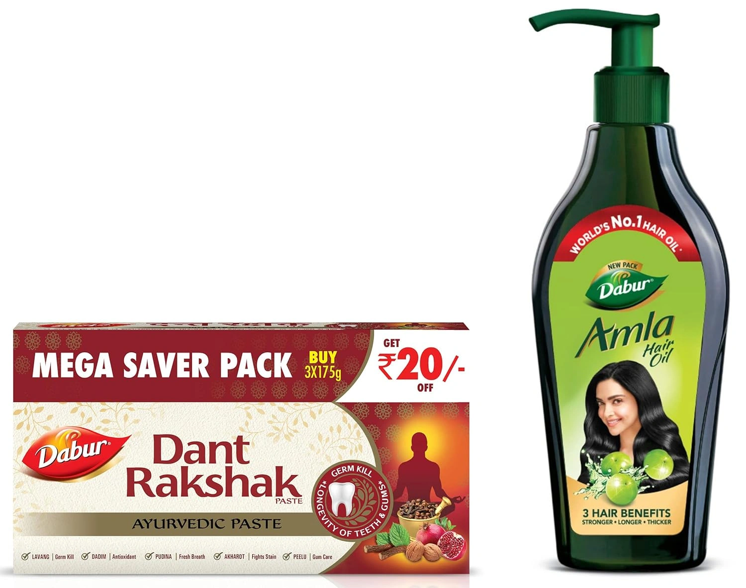 Dabur Dant Rakshak Ayurvedic Paste - With Goodness Of 32 Ayurvedic Herbs For Germ Kill &amp; Longevity Of Teeth &amp; Gums - 175g (Pack of 3) &amp; Amla Hair Oil - for Strong, Long and Thick hair - 550 ml-RDPC102067