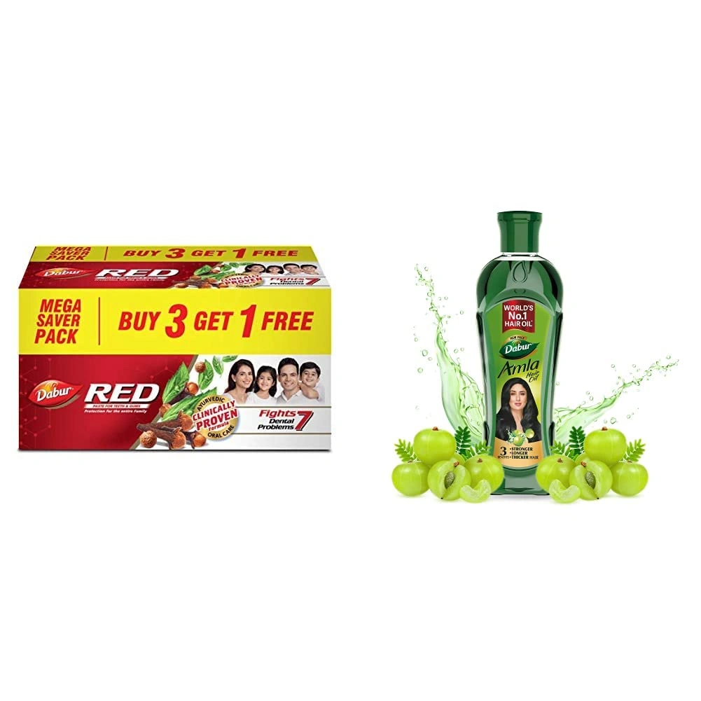 Dabur Red Paste - India's No.1 Ayurvedic Paste, Provides Protection Plaque Removal, Toothache, Yellow Teeth, Bad Breath- 600g (150gm*4) &amp; Dabur Amla Hair Oil - for Strong, Long and Thick Hair 275ml-RDPC102070