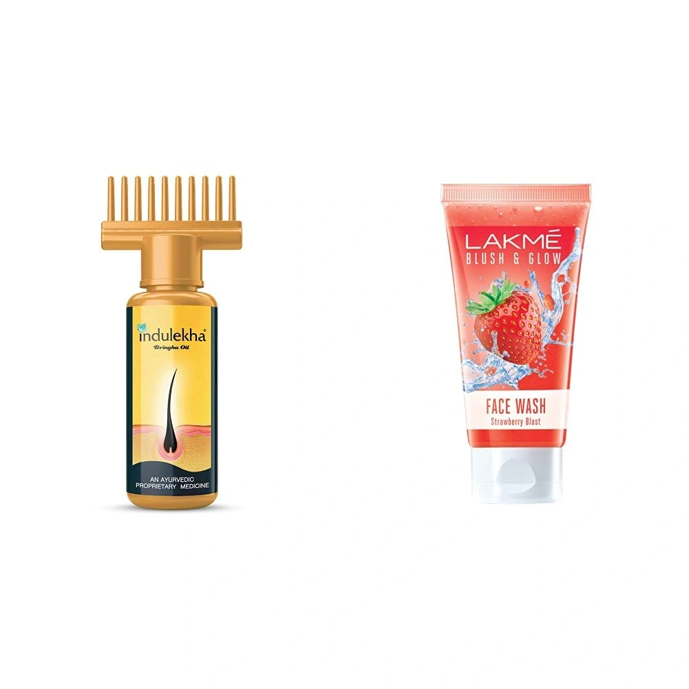 Indulekha Bhringa Hair Oil, 100ml And Lakme Blush &amp; Glow Gel Face Wash, Strawberry Blast, 100g-RDPC102071