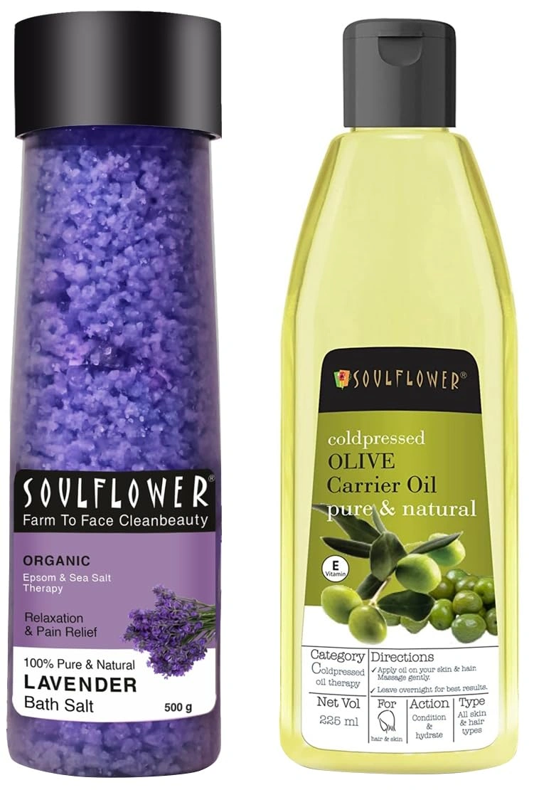 Soulflower Lavender Bath Salt for Body &amp; Foot Spa, 500g &amp; Soulflower Olive Hair Oil| 225 ml-RDPC102076