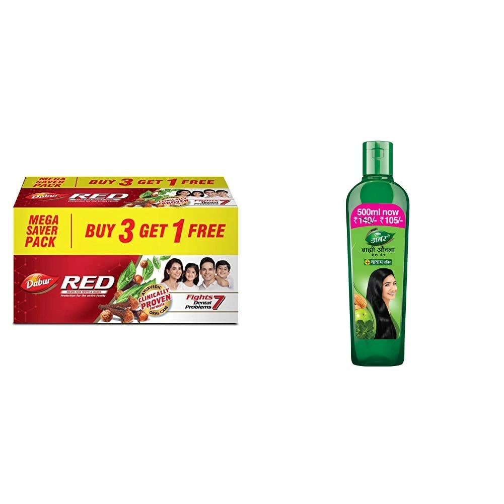 Dabur Red Paste - India's No.1 Ayurvedic Paste, Provides Protection Plaque Removal, Toothache, Yellow Teeth, Bad Breath- 600g (150gm*4) &amp; Brahmi Amla Hair Oil, 500 Ml-RDPC102134