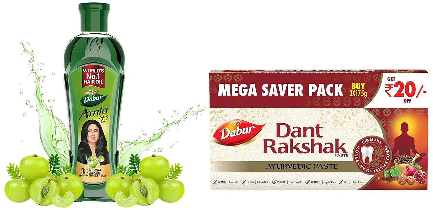 Dabur Dant Rakshak Ayurvedic Paste - With Goodness Of 32 Ayurvedic Herbs For Germ Kill &amp; Longevity Of Teeth &amp; Gums - 175g (Pack of 3) &amp; Dabur Amla Hair Oil - for Strong, Long and Thick Hair 275ml-RDPC102149-