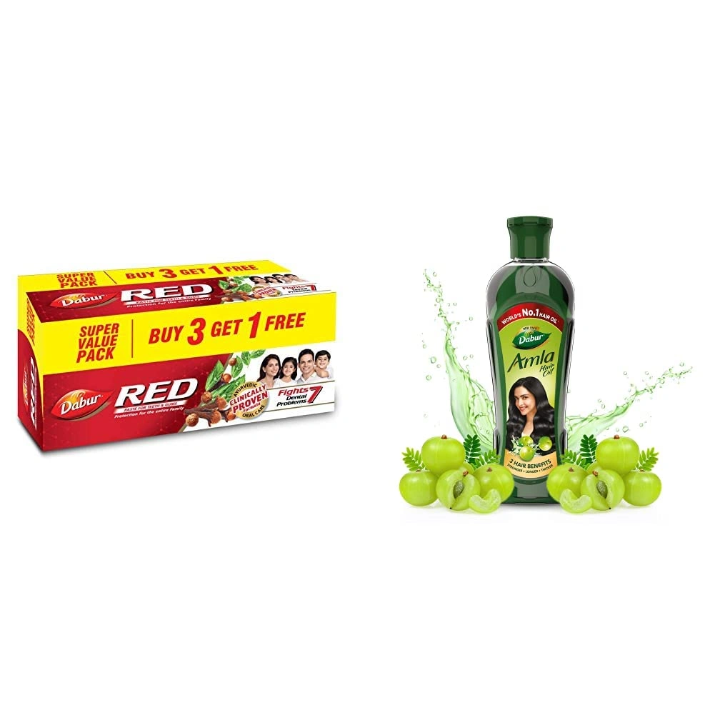 Dabur Red Paste - India's No.1 Ayurvedic Paste, Provides Protection Plaque Removal, Toothache, Yellow Teeth, Bad Breath- 800g (200gm*4) &amp; Dabur Amla Hair Oil for Strong, Long and Thick Hair -450ml-RDPC102150