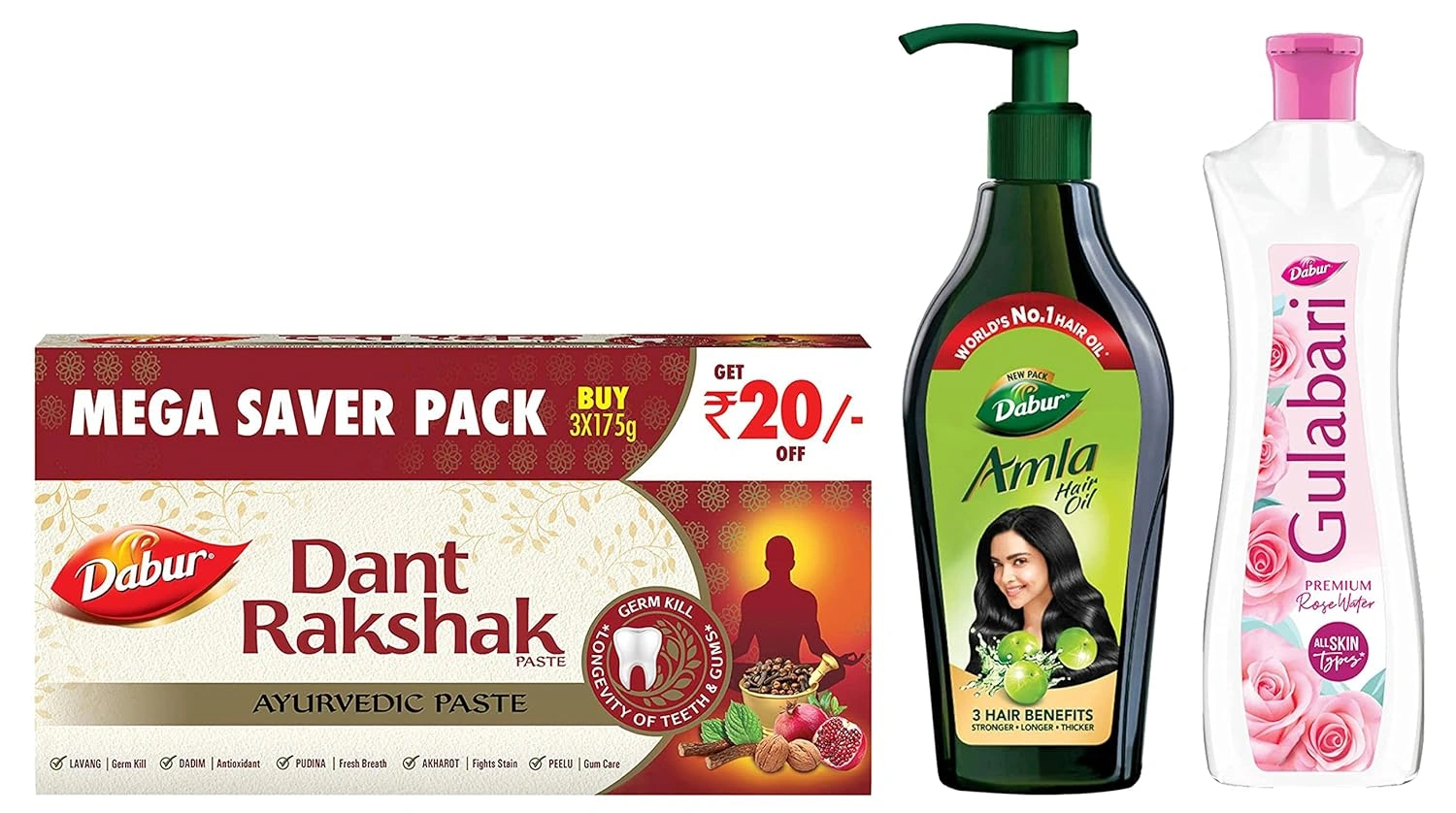 Dabur Dant Rakshak Ayurvedic Paste - With Goodness Of 32 Ayurvedic Herbs For Germ Kill &amp; Longevity Of Teeth &amp; Gums - 175g (Pack of 3) &amp; Gulabari Premium Rose Water, 400 ml &amp; Amla Hair Oil -550 ml-RDPC102169