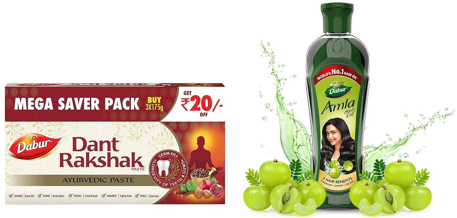 Dabur Dant Rakshak Ayurvedic Paste - With Goodness Of 32 Ayurvedic Herbs For Germ Kill &amp; Longevity Of Teeth &amp; Gums - 175g (Pack of 3) &amp; Dabur Amla Hair Oil for Strong, Long and Thick Hair -450ml-RDPC102172