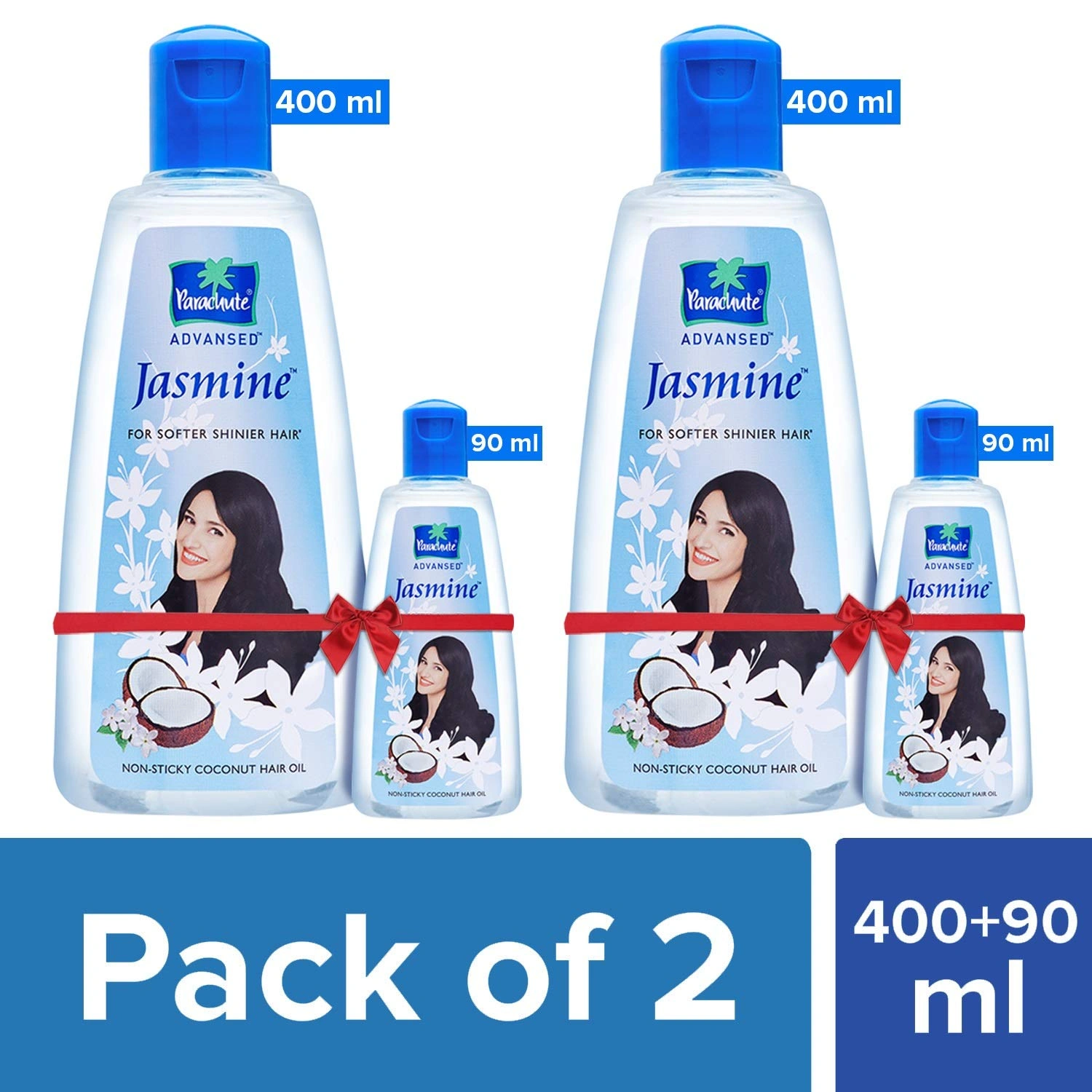 Parachute Advansed Jasmine, Non Sticky Coconut Hair Oil, For Shiny &amp; Strong Hair, 400 ml (Pack of 2) with Free 90 ml-1