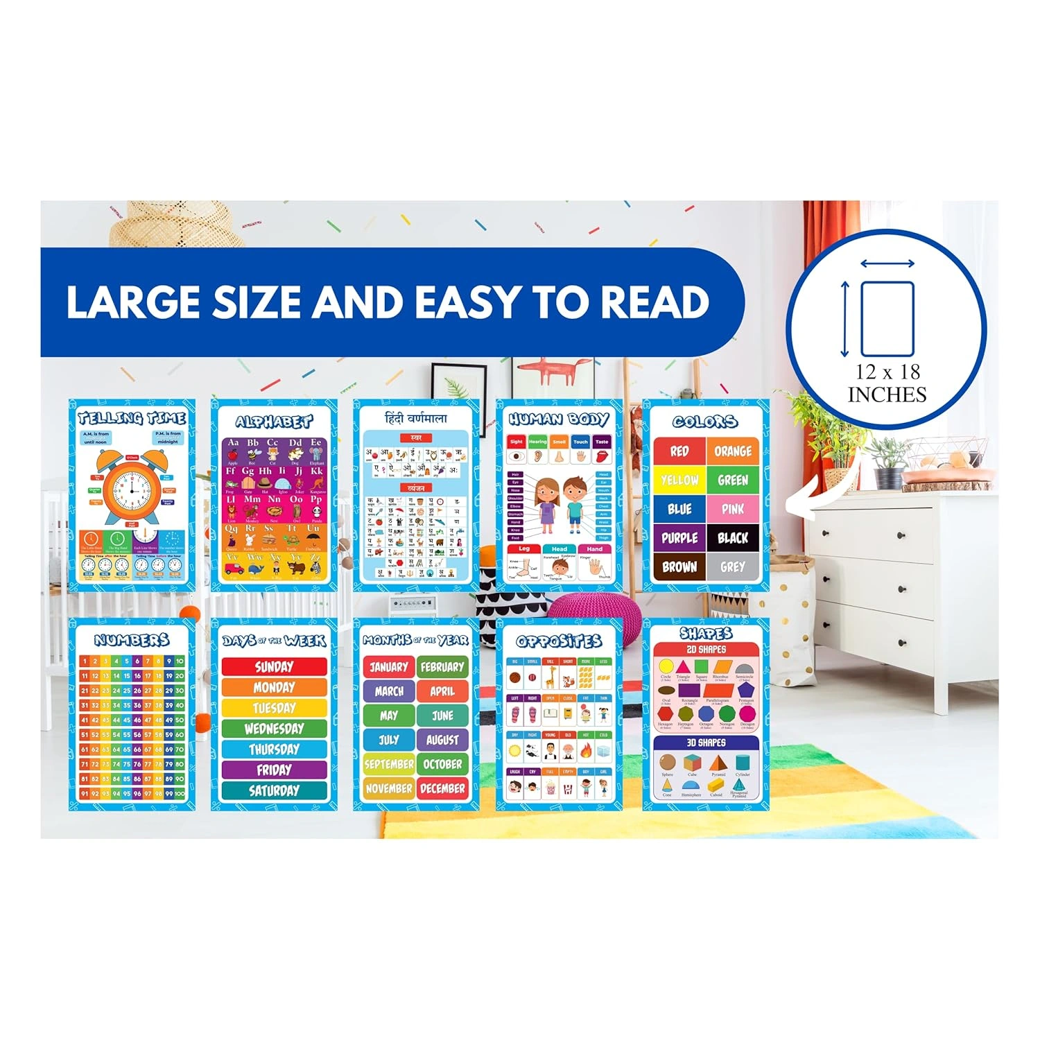 Early Learning Educational Charts Set For Kids | Learn About English Alphabets, Hindi Varnmala, Numbers, Human Body, Time With Colorful Pictures For Children | Non - Tearable &amp; Waterproof | Set Of 10 Wall Chart-2