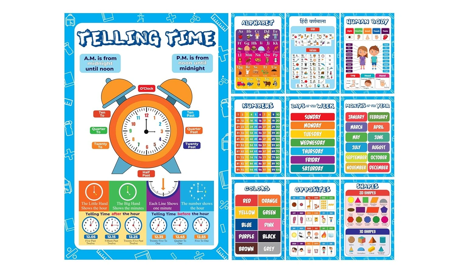 Early Learning Educational Charts Set For Kids | Learn About English Alphabets, Hindi Varnmala, Numbers, Human Body, Time With Colorful Pictures For Children | Non - Tearable &amp; Waterproof | Set Of 10 Wall Chart-RDSS100749