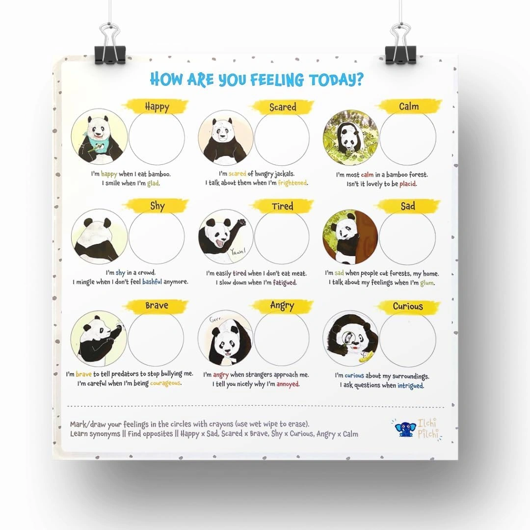 Ilchi Pilchi Panda Feelings Chart &amp; Penguin Feelings Chart Combo For Kids &amp; Children | Improves Vocabulary, 9 Emotions, 9 Panda &amp; Penguin Facts | 1+1 The Chart and 1+1 Mounting Board Included Poster-1