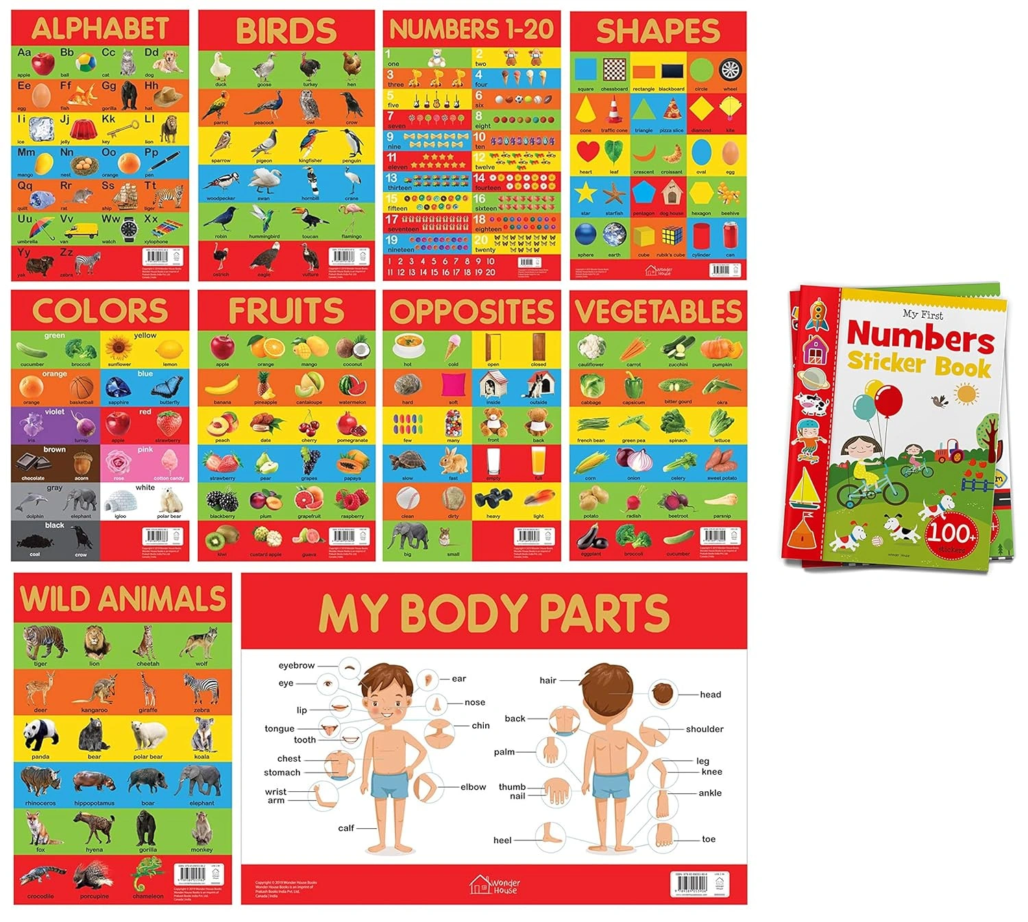 Early Learning Educational 10 Charts Boxset for Kids &amp; My First Numbers Sticker Book: Exciting Sticker Book With 100 Stickers Product Bundle-RDSS100862