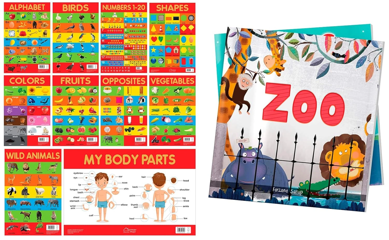 Early Learning Educational 10 Charts Boxset for Kids &amp; Zoo - Illustrated Book On Zoo Animals (Let's Talk Series) Product Bundle-RDSS100863