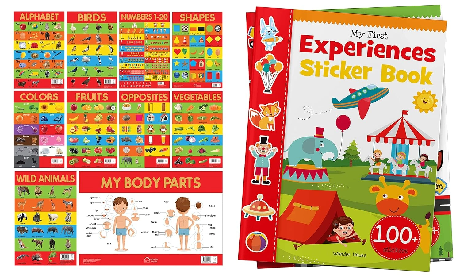 Early Learning Educational 10 Charts Boxset for Kids &amp; My First Experiences Sticker Book Product Bundle-RDSS100864