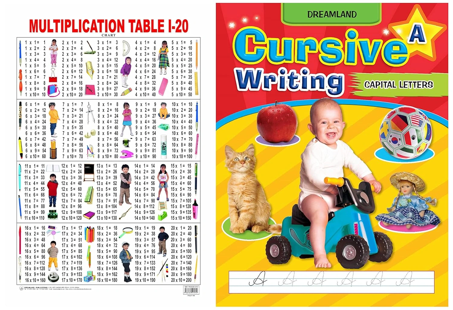 Multiplication chart Educational Wall Chart &amp; Capital Letters Cursive Writing Book A for Children Age 3 - 5 years Product Bundle-RDSS100949