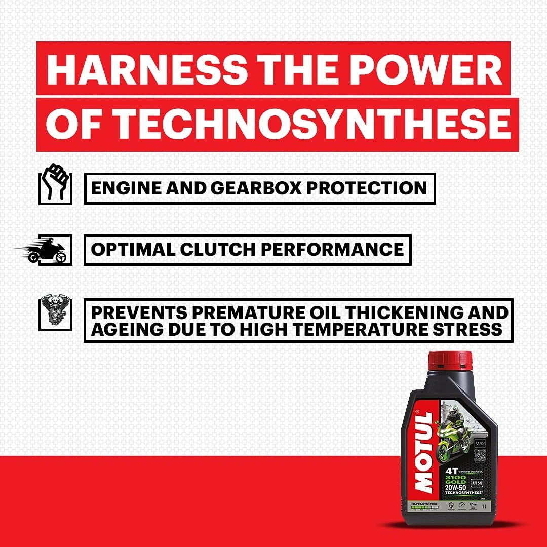 Motul 3100 4T Gold 20W50 API SM Technosynthese High Performance Semi Synthetic Engine Oil for Bikes (1 L)-1