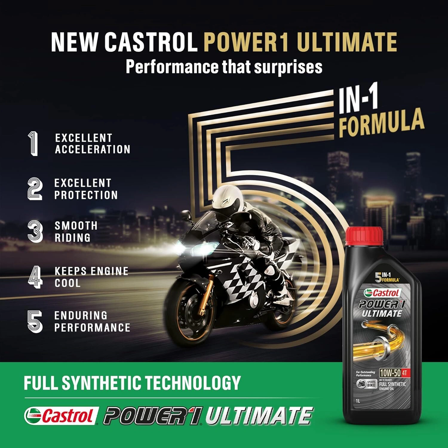 Castrol POWER1 ULTIMATE 10W-50 4T Full Synthetic Engine Oil for Bikes 1L-2