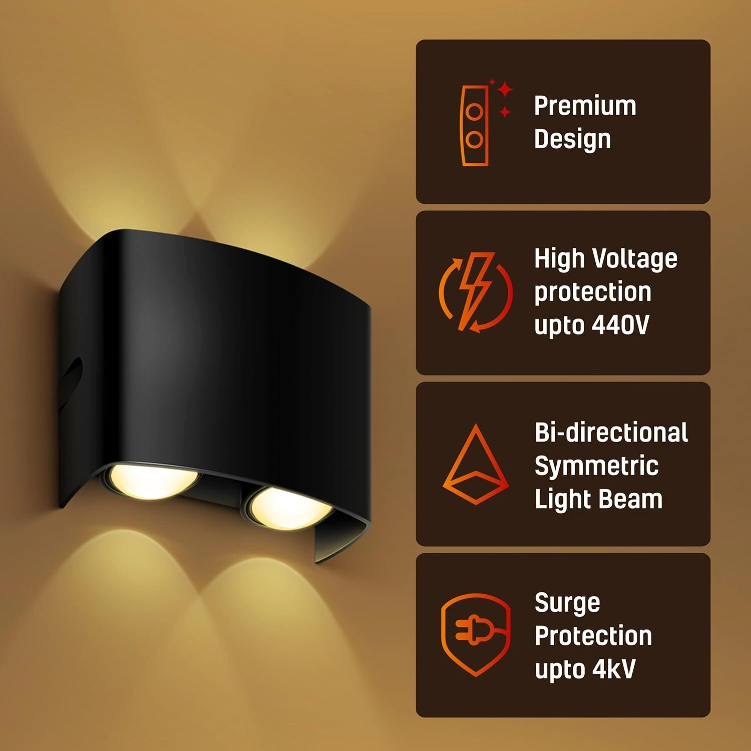 Wipro Garnet 12 Watt 2 Ray Symmetric Up &amp; Down Outdoor Wall Light for Home | 2 x 3W| IP65 LED Wall Light | Warm White, Yellow 2700K | Aluminium Housing |(Black Body, Pack of 1)-4