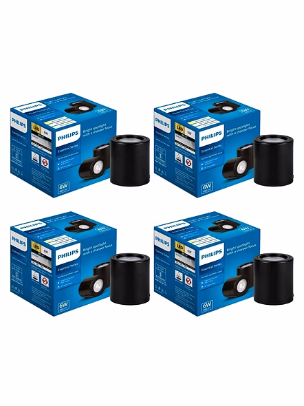 Philips 6W Surface Mounted LED Spot Light | Synthetic Cylindrical COB Spot Down Light for Home & Decoration | Light Color: Natural White | Pack of 4