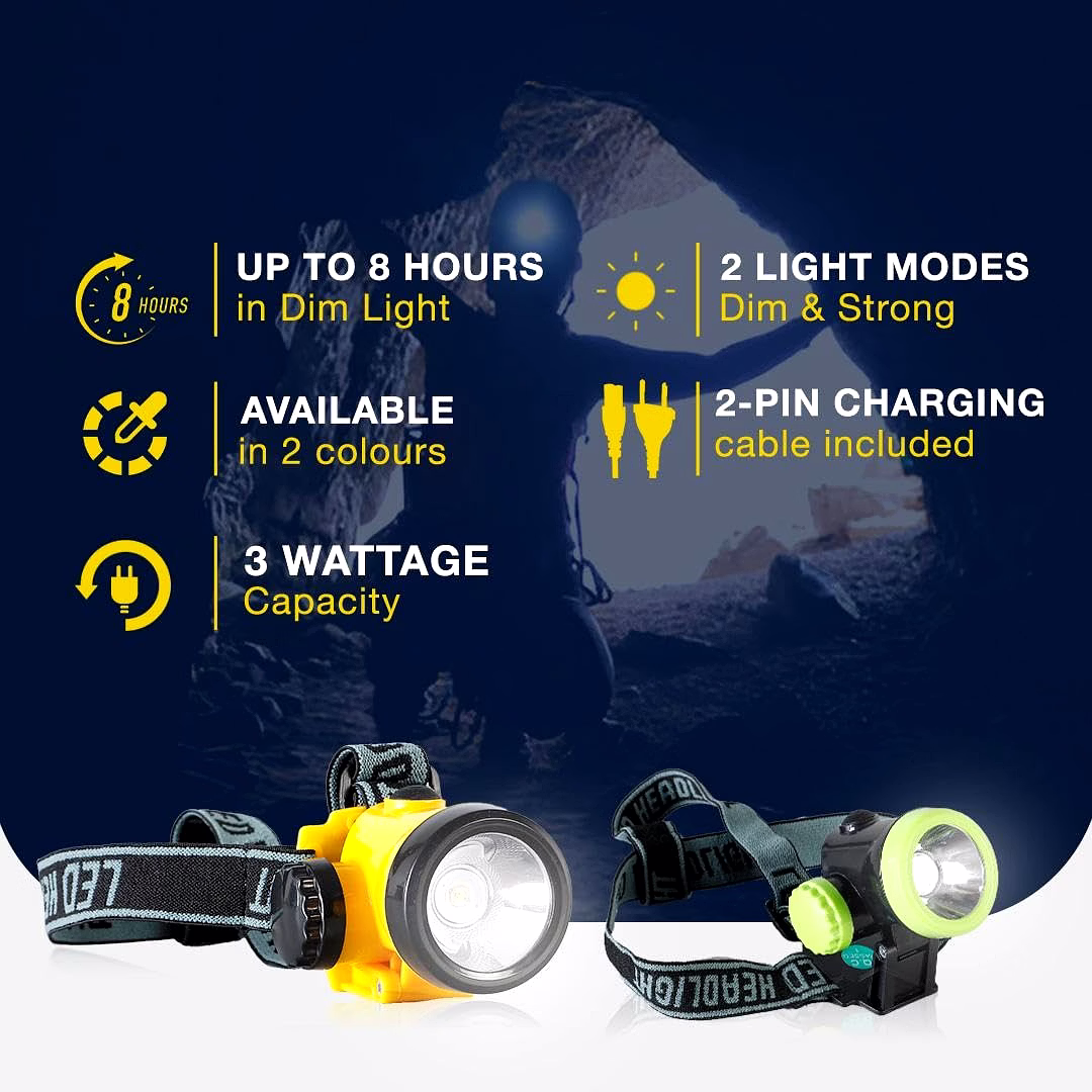 Havells 3 W Trekband Mini Rechargeable Head Torch in Yellow Colour, 3.7 V and 1200 mAh Battery Capacity, LHEXAJPGCN1Y003 image 5