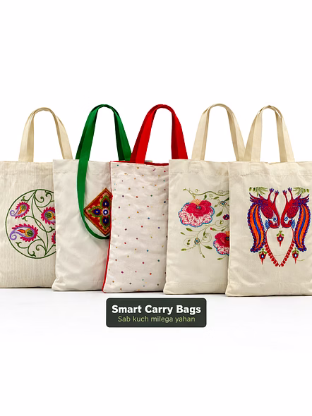 Smart Carry Cotton Cloth Bags – Embroidered Eco-Friendly Tote (Set of 5 | Assorted Designs & Colours)