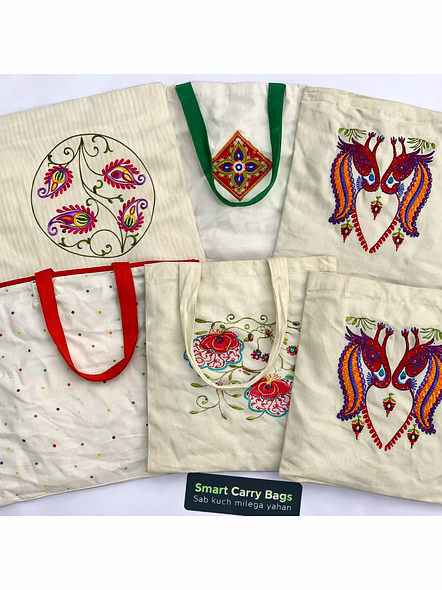 Smart Carry Cotton Cloth Bags – Embroidered Eco-Friendly Tote (Set of 5 | Assorted Designs &amp; Colours)