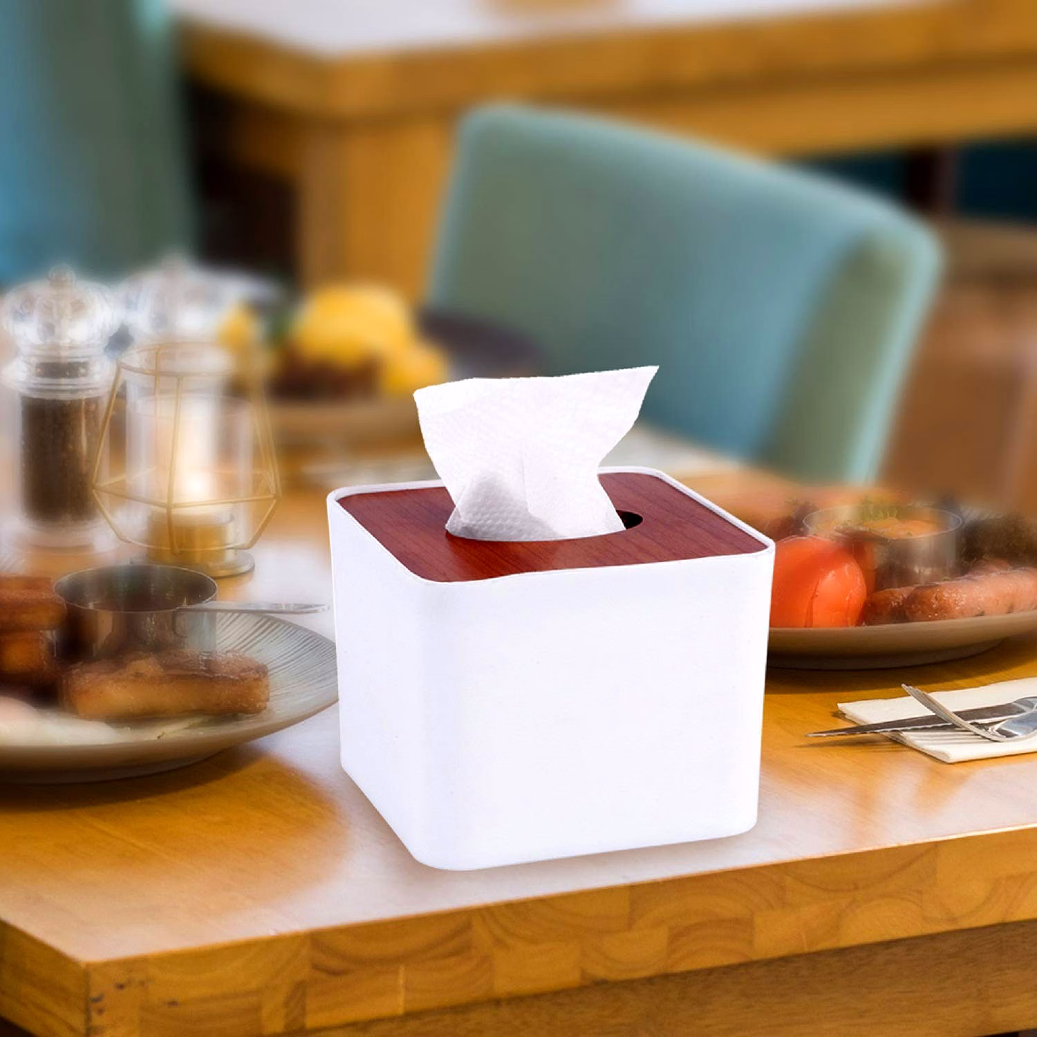 Table Top Tissue Box Holder with Wooden Lid | Premium Tissue Dispenser | Pop-Up Tissue Storage Box for Home, Office & Car image 1