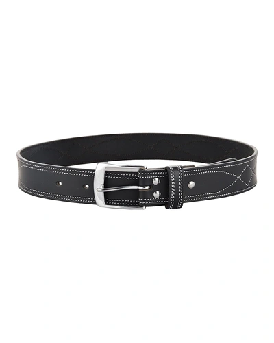 Leather Belt Black with White Leaf Show Stitch-30&quot;-1
