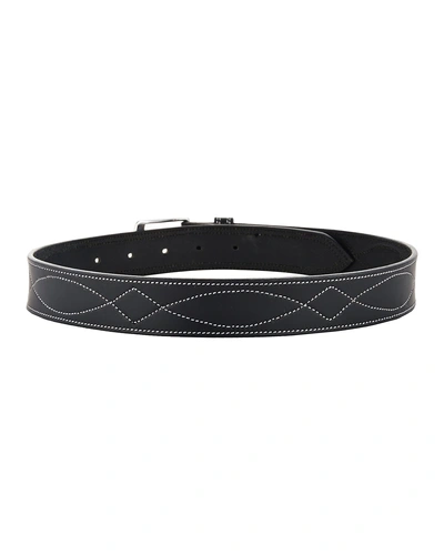 Leather Belt Black with White Leaf Show Stitch-40&quot;-2