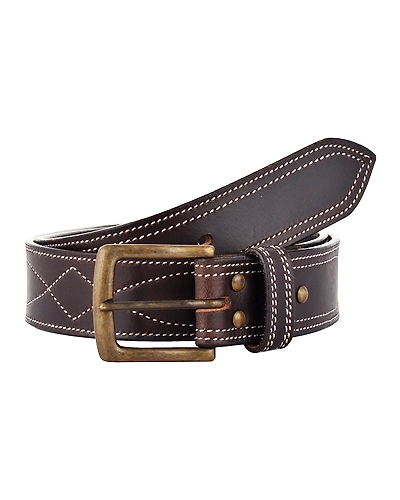 Leather Belt Brown with White Leaf Show Stitch-AMA-B515-BROWN-30
