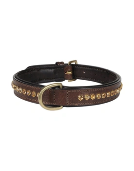 Leather Dog Collar Brown with Gold Stones Decoration