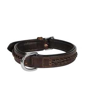 Leather Dog Collar Brown With Brown Leather Cord Braiding Decoration