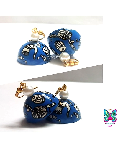 kalamkari blue jhumka-clay1