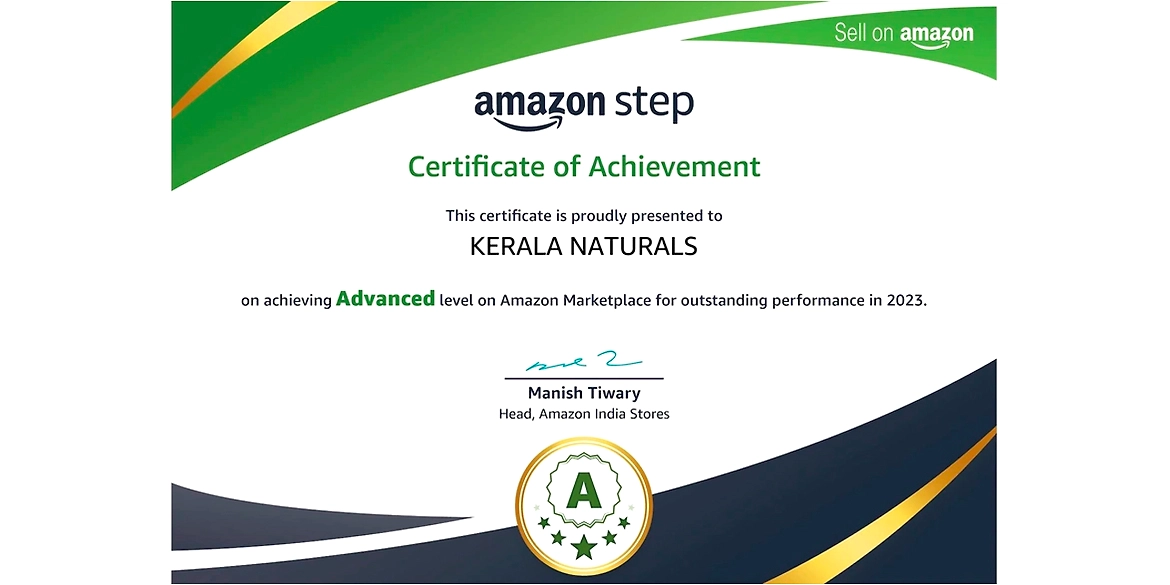 Certificate for the incredible performance on Amazon in 2023... Kerala Naturals