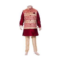 ETHNI KS NEU - RON Solid Kurta Solid Pyjama With Woven Jacket Set - Red & Beige