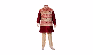 ETHNI KS NEU - RON  Solid Kurta Solid Pyjama With Woven Jacket Set - Red & Beige