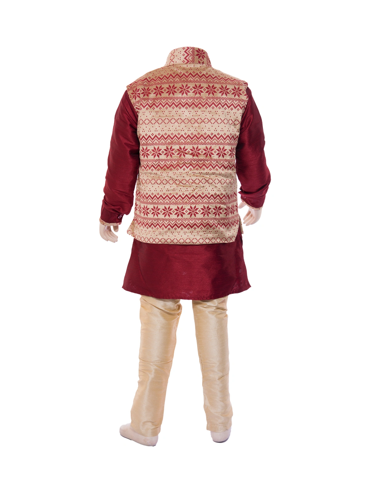 ETHNI KS NEU - RON  Solid Kurta Solid Pyjama With Woven Jacket Set - Red &amp; Beige-0-Red-1