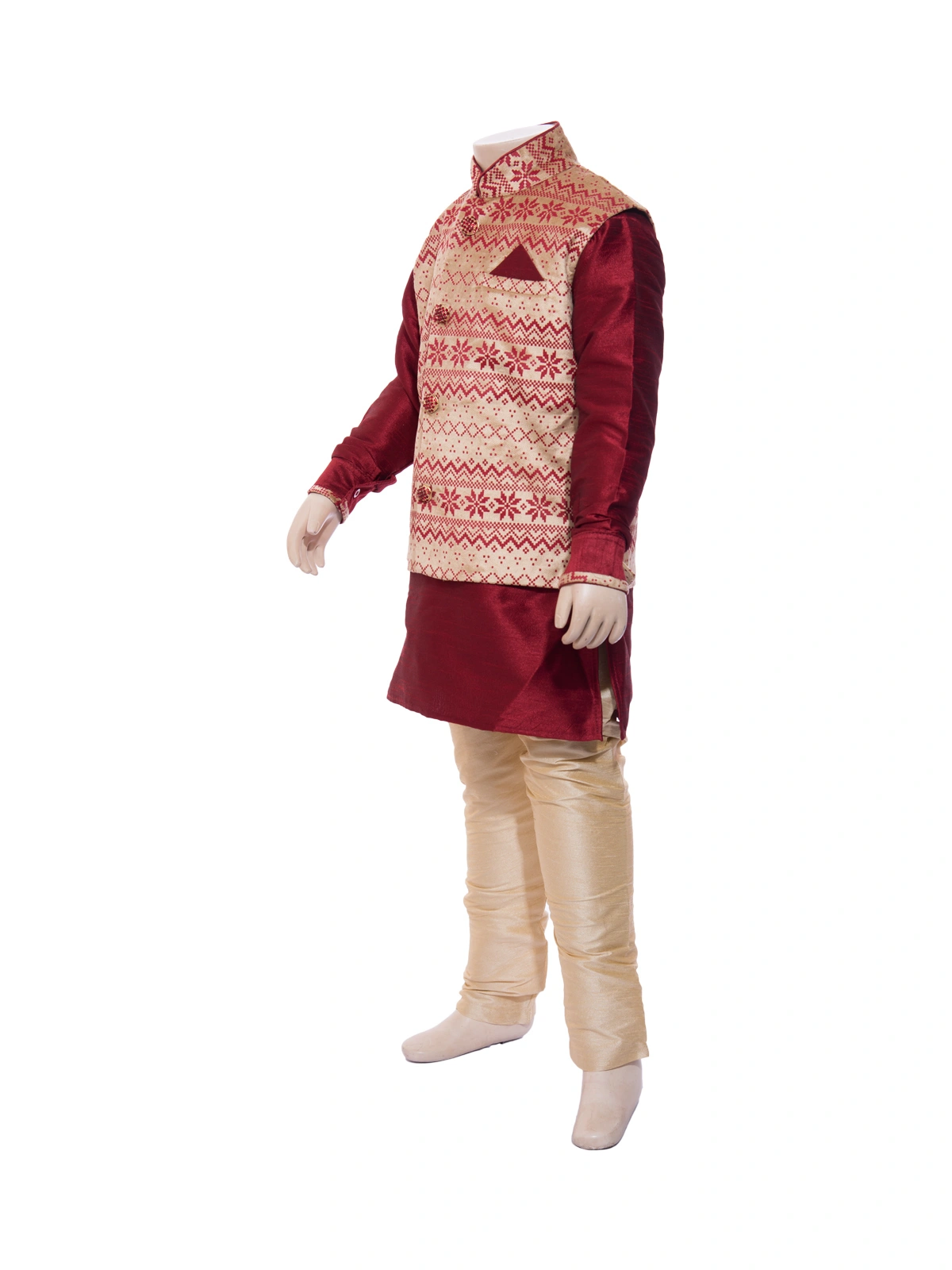 ETHNI KS NEU - RON  Solid Kurta Solid Pyjama With Woven Jacket Set - Red &amp; Beige-1-Red-2