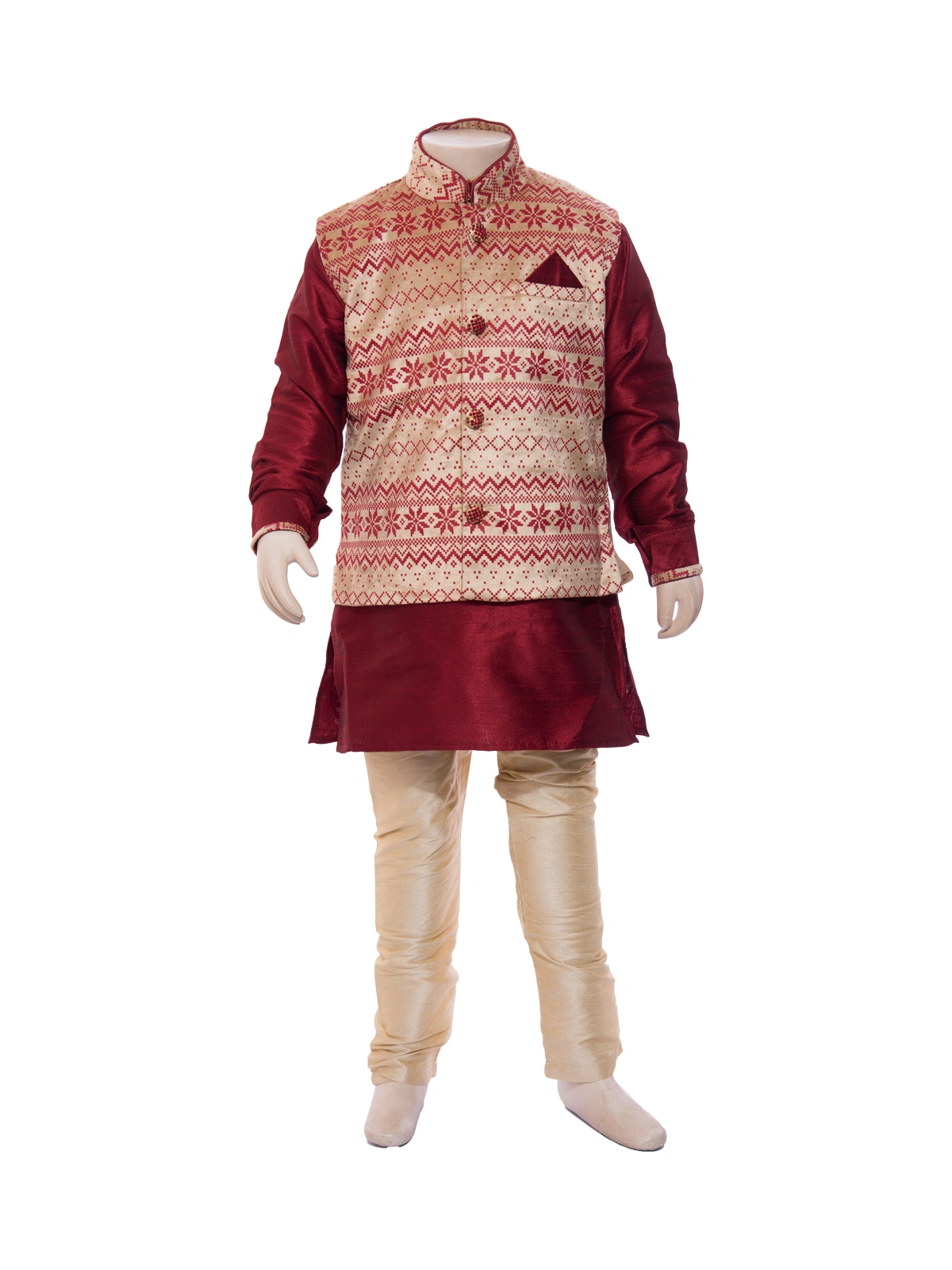 ETHNI KS NEU - RON  Solid Kurta Solid Pyjama With Woven Jacket Set - Red &amp; Beige-3753Red2