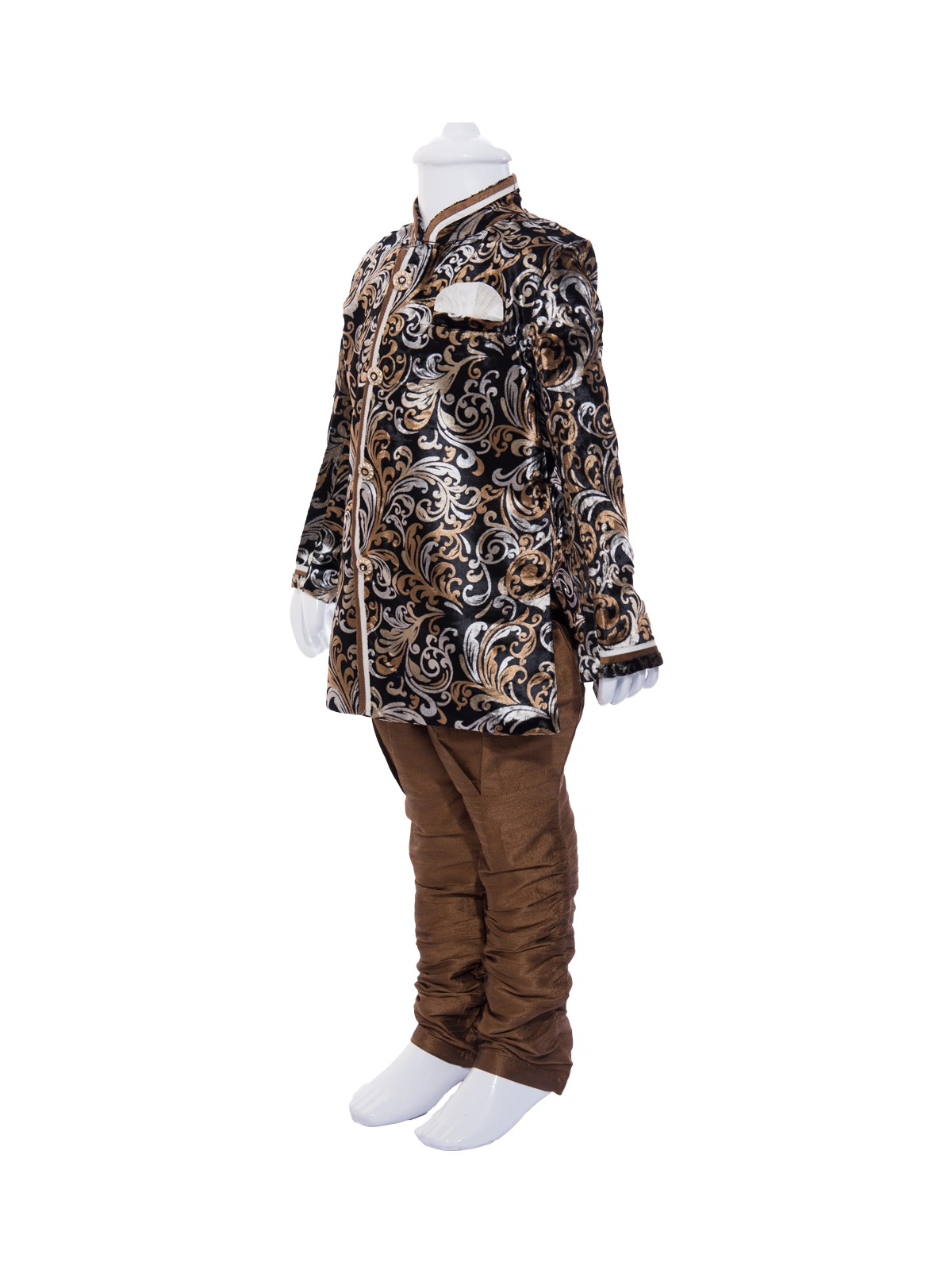 ETHNI KS NEU - RON  Chenille Kurta with Jacket and Pyjama Set: Khaki-Khaki-8-2